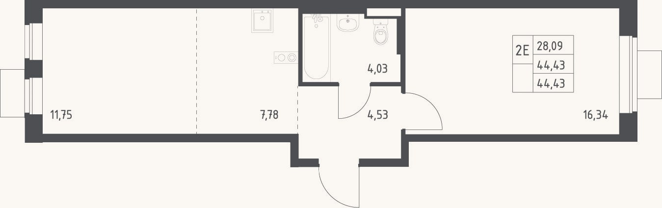 Планировка: 2-к, 44,4 м²