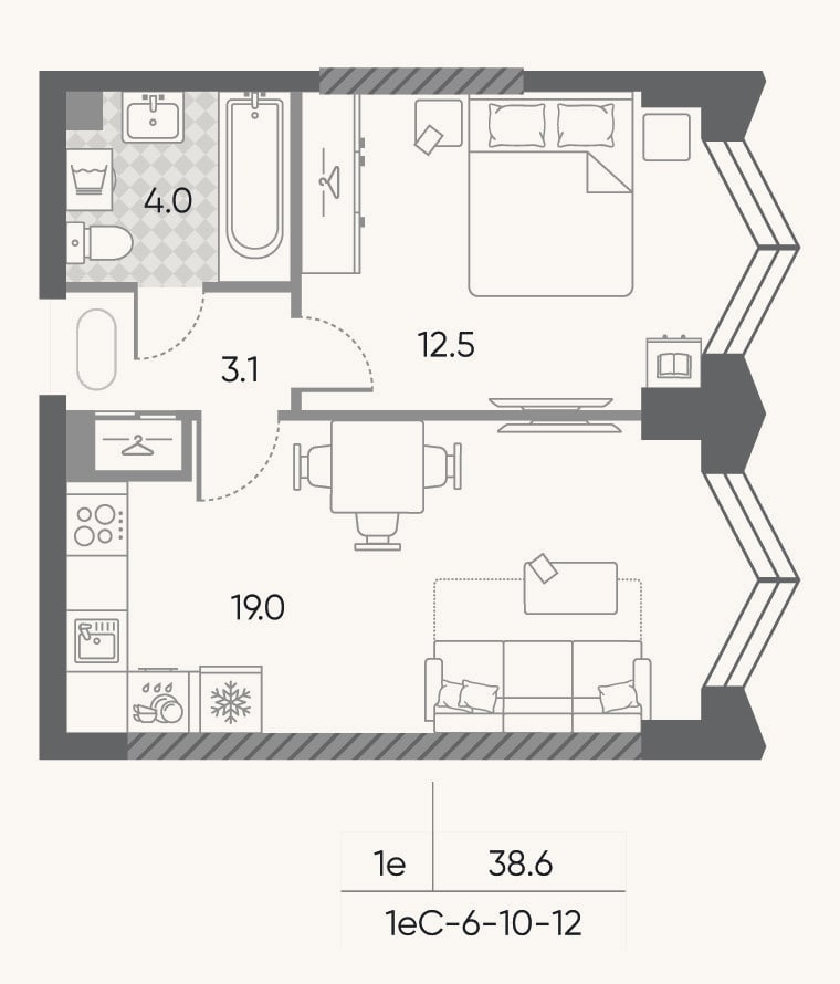 Планировка: 2-к, 38,6 м²