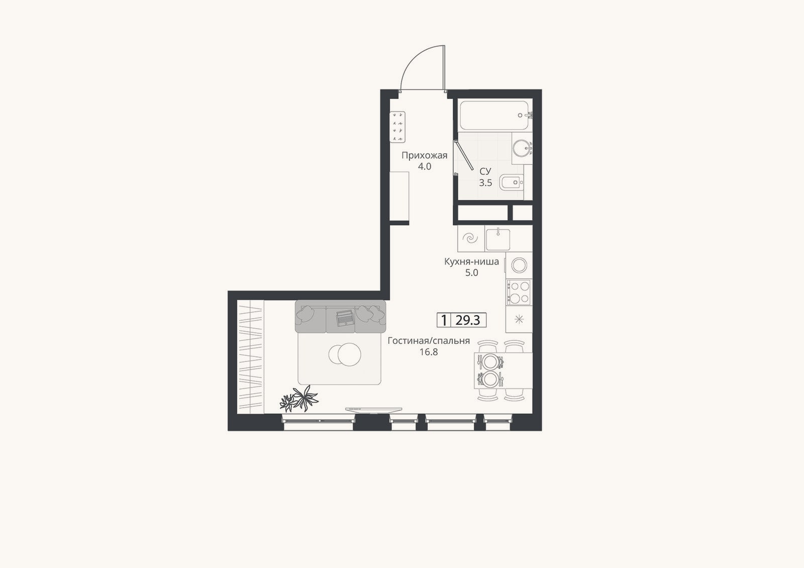 Планировка: Студия, 29,3 м²