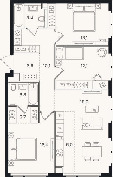 Планировка: 4+ к, 87,1 м²
