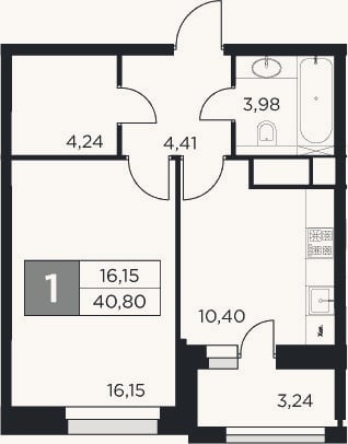 Планировка: 1-к, 39,2 м²