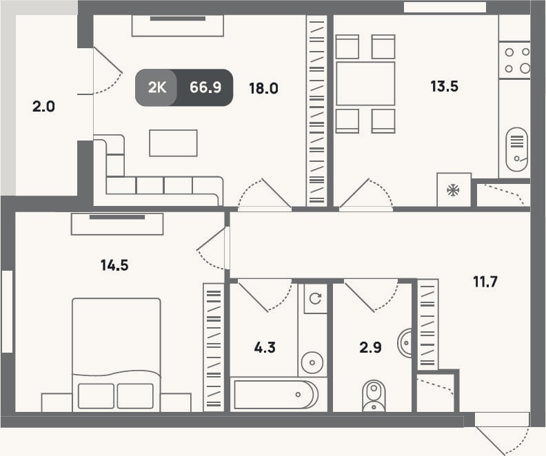 Планировка: 2-к, 64,9 м²