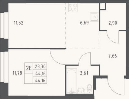 Планировка: 2-к, 44,2 м²