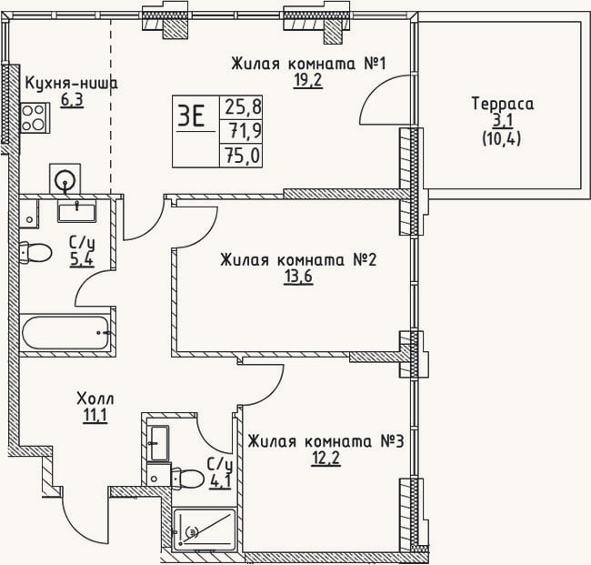 Планировка: 3-к, 71,9 м²