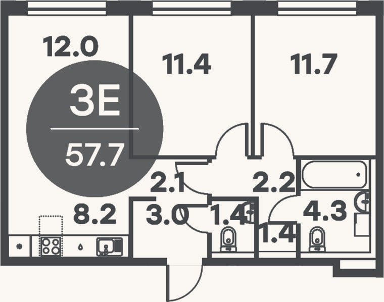 Планировка: 3-к, 57,7 м²