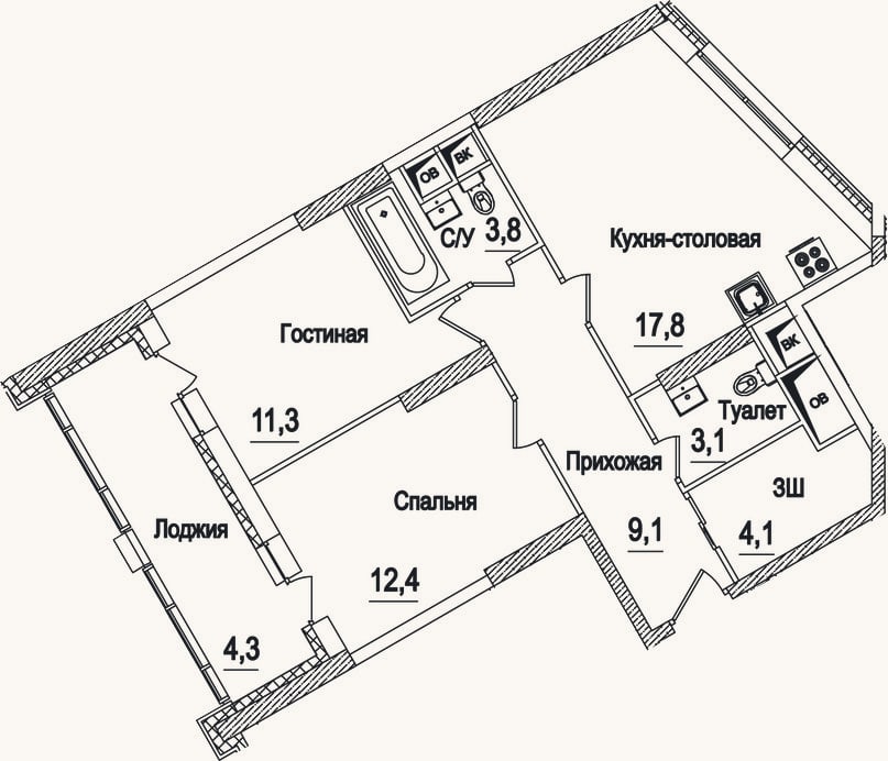 Планировка: 3-к, 62 м²