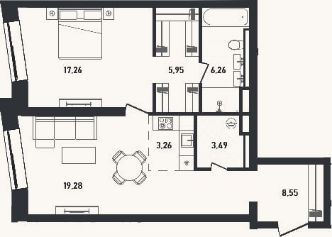 Планировка: 2-к, 64,1 м²
