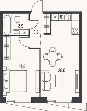 Планировка: 2-к, 43,4 м²
