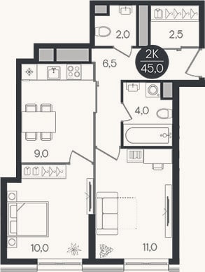 Планировка: 2-к, 45 м²