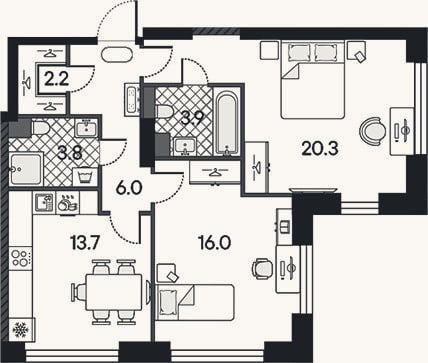 Планировка: 2-к, 65,9 м²