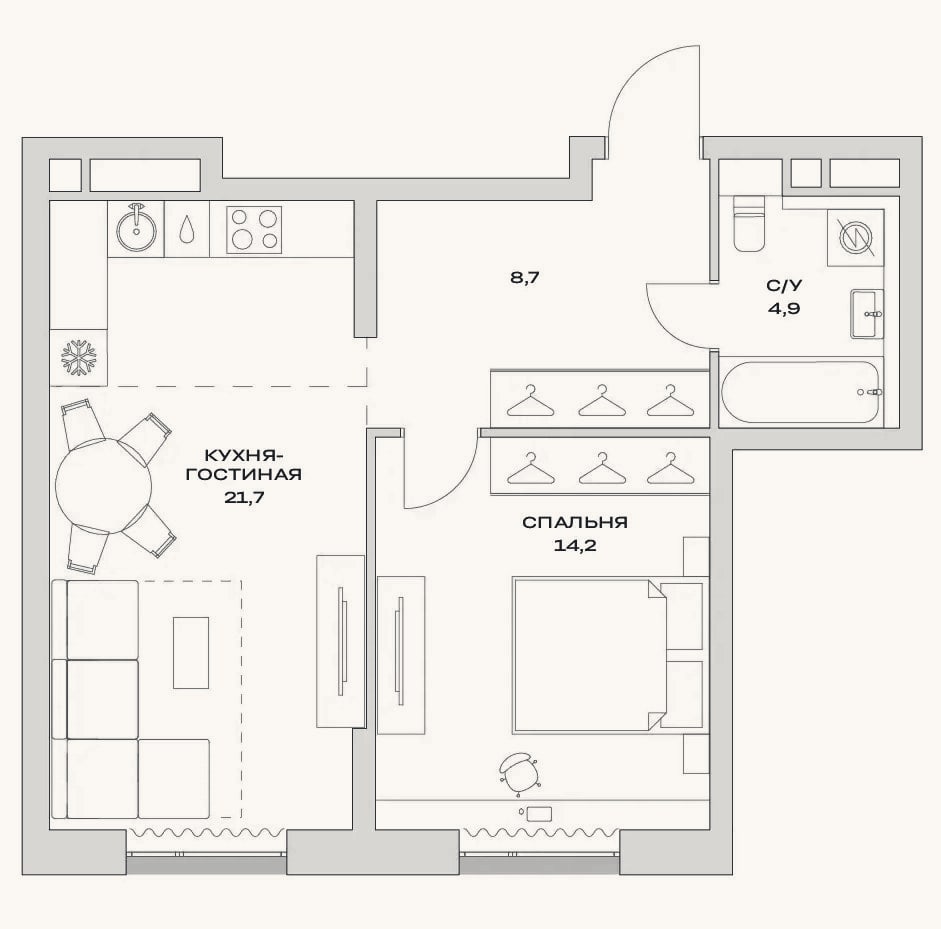 Планировка: 2-к, 49,5 м²