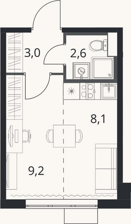 Планировка: Студия, 22,9 м²