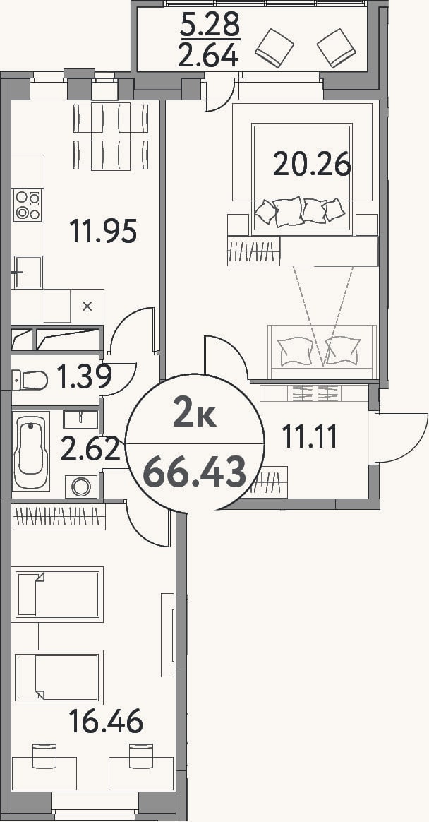 Планировка: 2-к, 63,8 м²