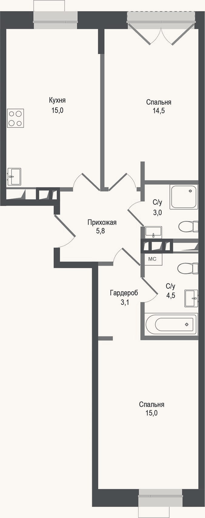 Планировка: 2-к, 60,9 м²