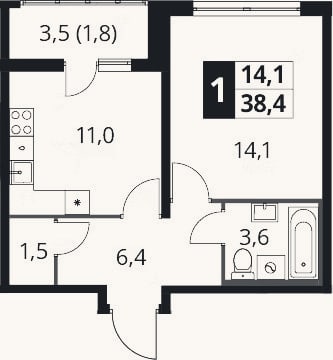 Планировка: 1-к, 36,6 м²