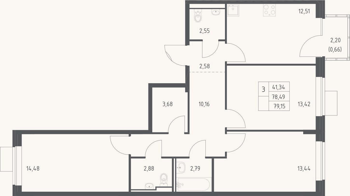 Планировка: 3-к, 78,5 м²