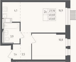 Планировка: 2-к, 39,6 м²