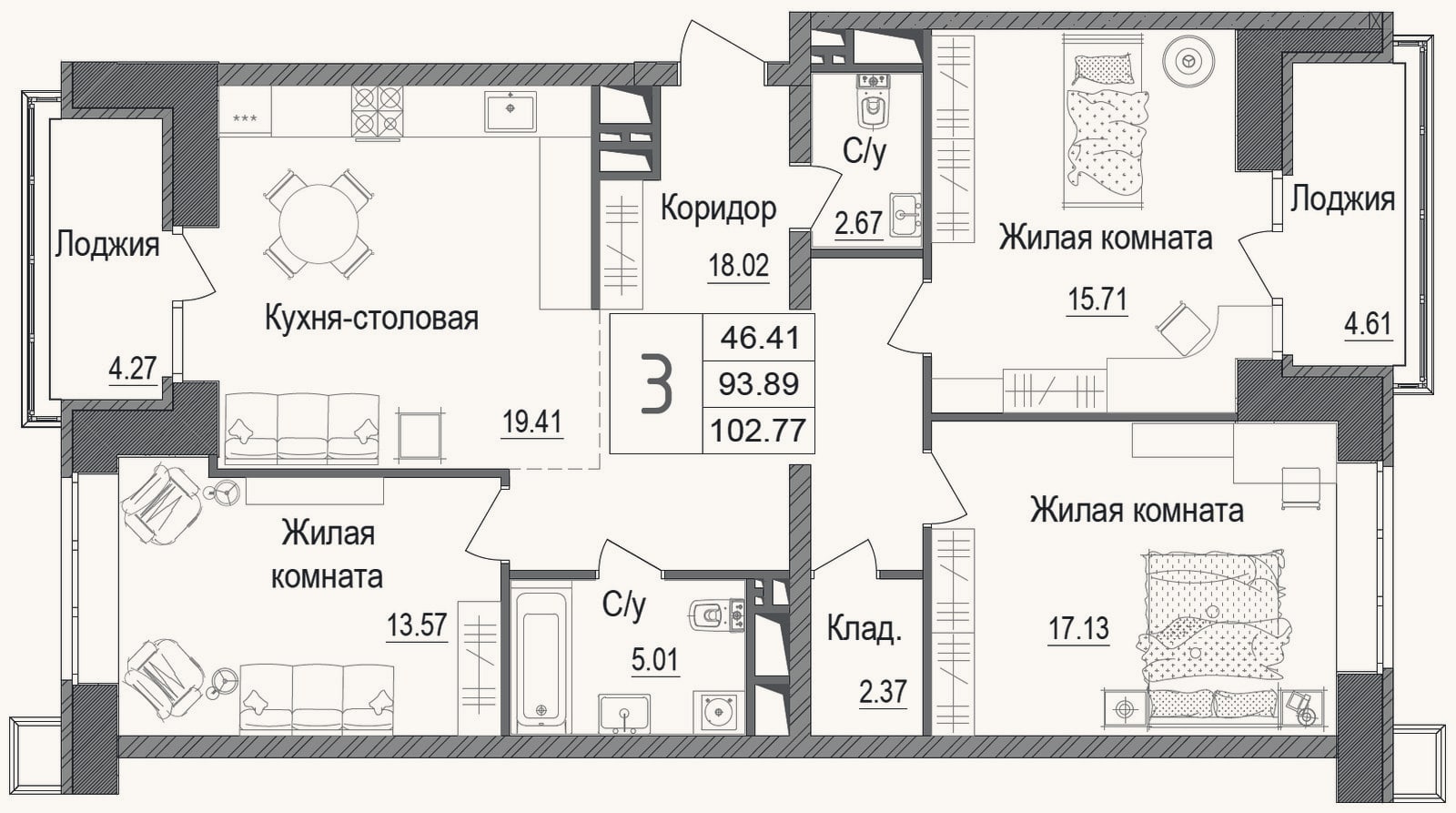 Планировка: 3-к, 93,9 м²