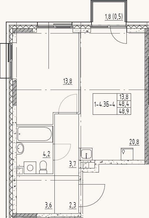 Планировка: 2-к, 48,4 м²