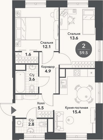 Планировка: 3-к, 59,5 м²
