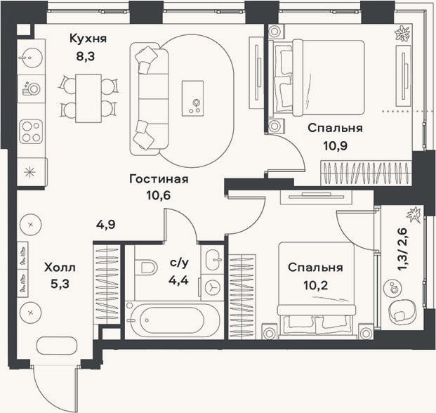 Планировка: 3-к, 54,6 м²