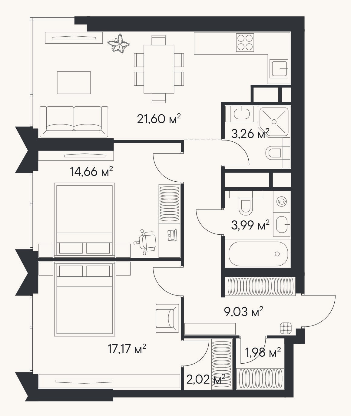 Планировка: 3-к, 74,6 м²