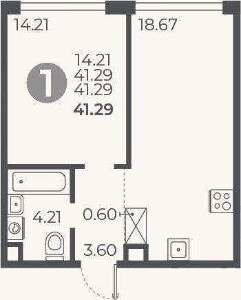 Планировка: 1-к, 41,3 м²