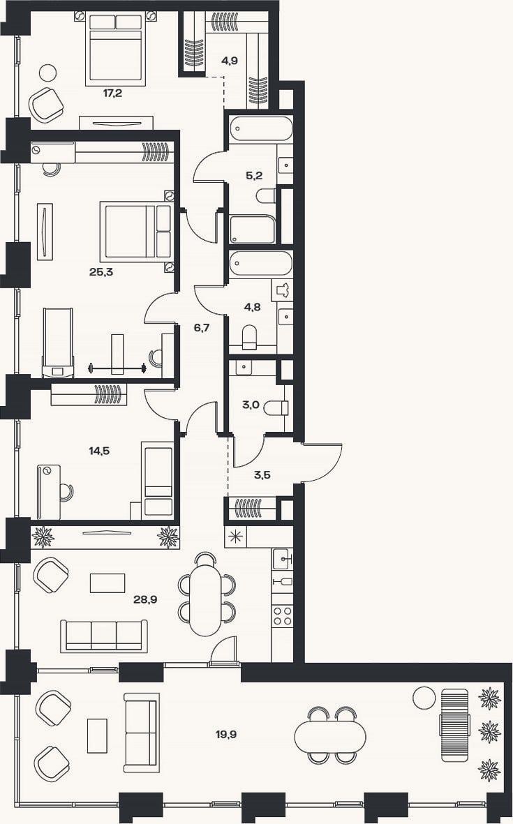 Планировка: 4+ к, 118,9 м²
