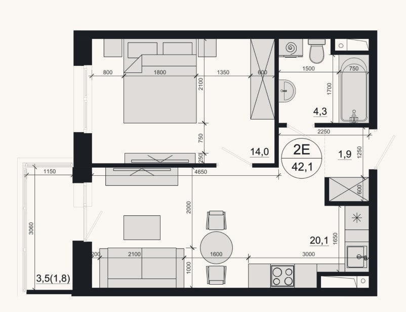 Планировка: 2-к, 40,3 м²