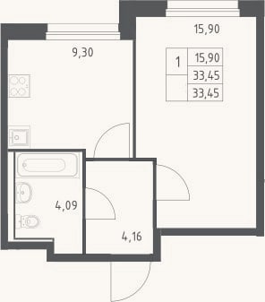 Планировка: 1-к, 33,5 м²