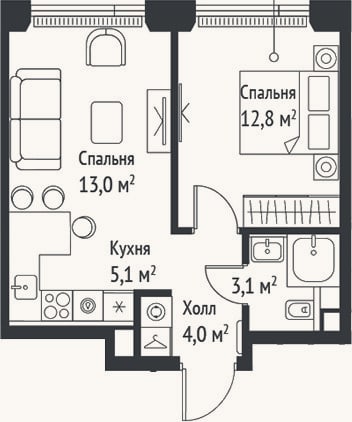 Планировка: 2-к, 38 м²