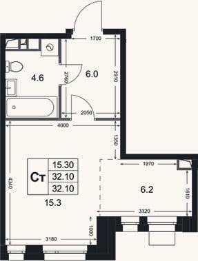 Планировка: Студия, 32,1 м²