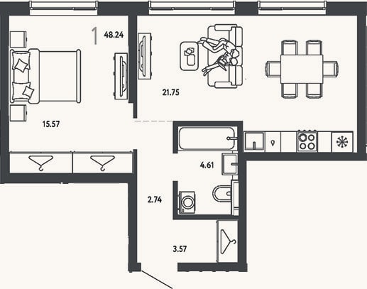 Планировка: 1-к, 48,2 м²