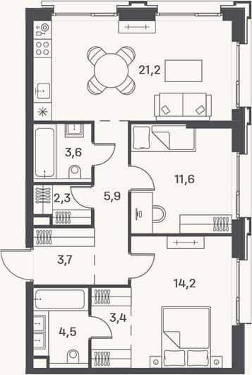 Планировка: 3-к, 70,4 м²