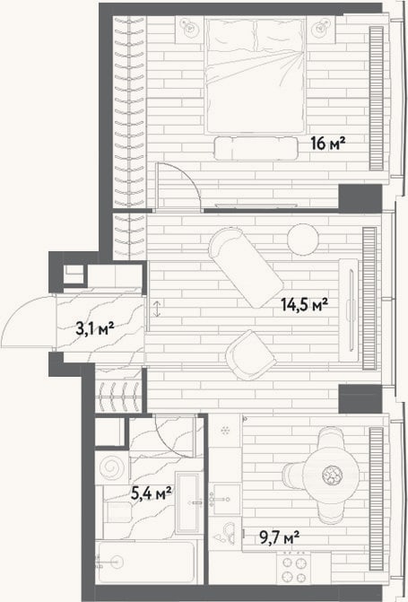 Планировка: 2-к, 48,6 м²