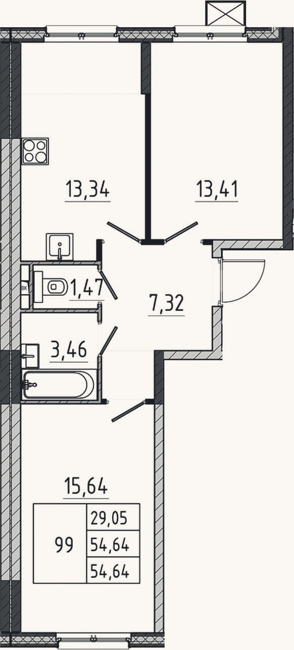 Планировка: 2-к, 54,6 м²