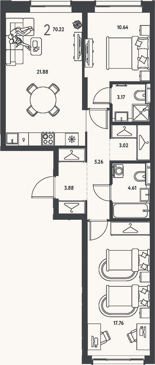 Планировка: 2-к, 70,2 м²