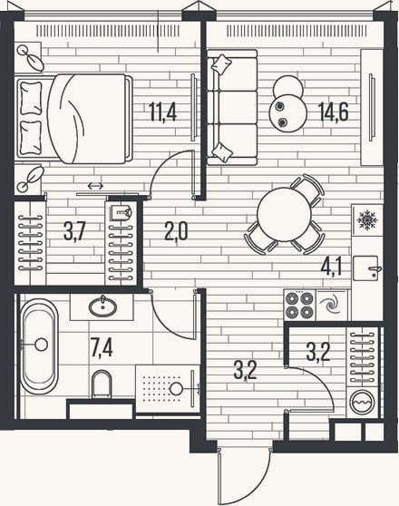 Планировка: 2-к, 49,6 м²
