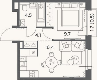 Планировка: 1-к, 34,7 м²