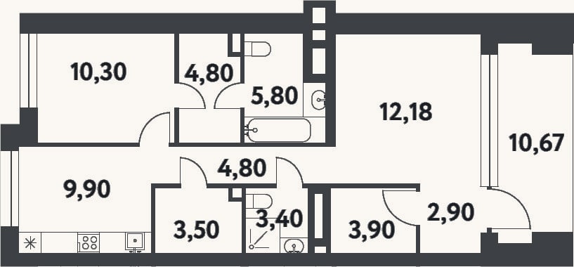 Планировка: 2-к, 61,5 м²