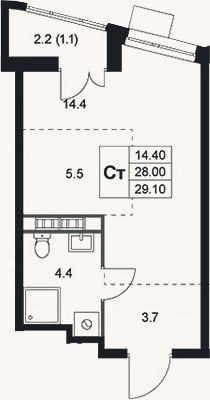 Планировка: Студия, 28 м²