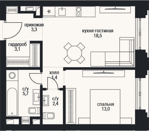 Планировка: 2-к, 47,4 м²