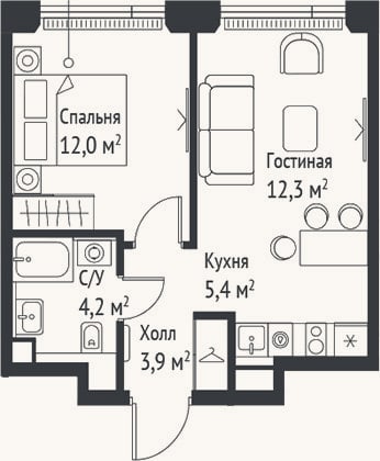 Планировка: 2-к, 37,9 м²