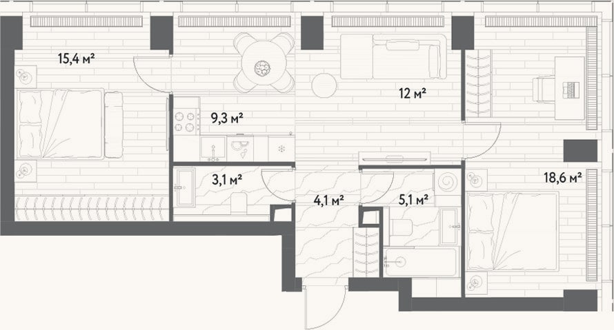 Планировка: 3-к, 67,6 м²