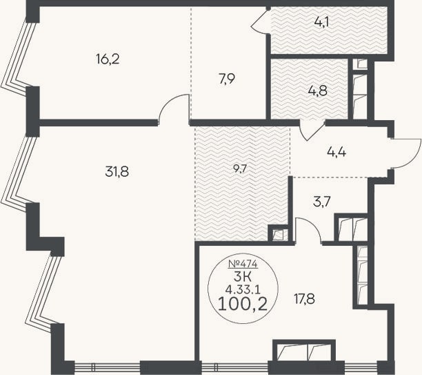 Планировка: 3-к, 100,2 м²