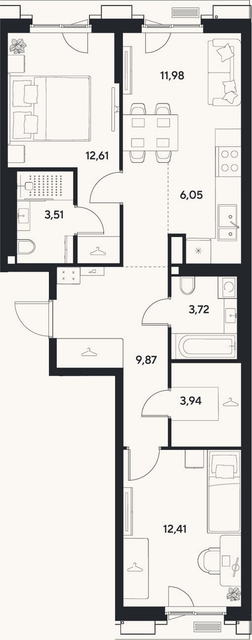 Планировка: 3-к, 64,1 м²