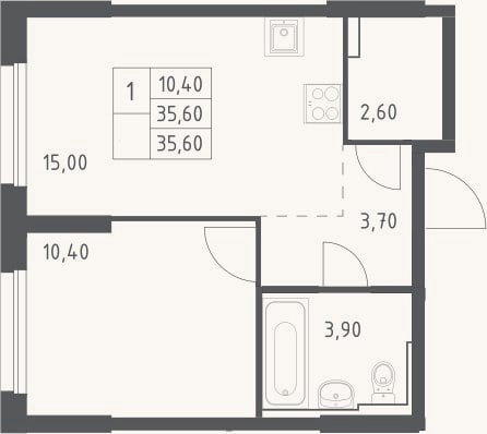 Планировка: 2-к, 35,6 м²