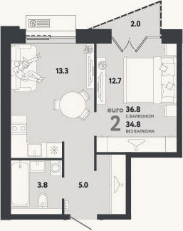 Планировка: 2-к, 34,8 м²
