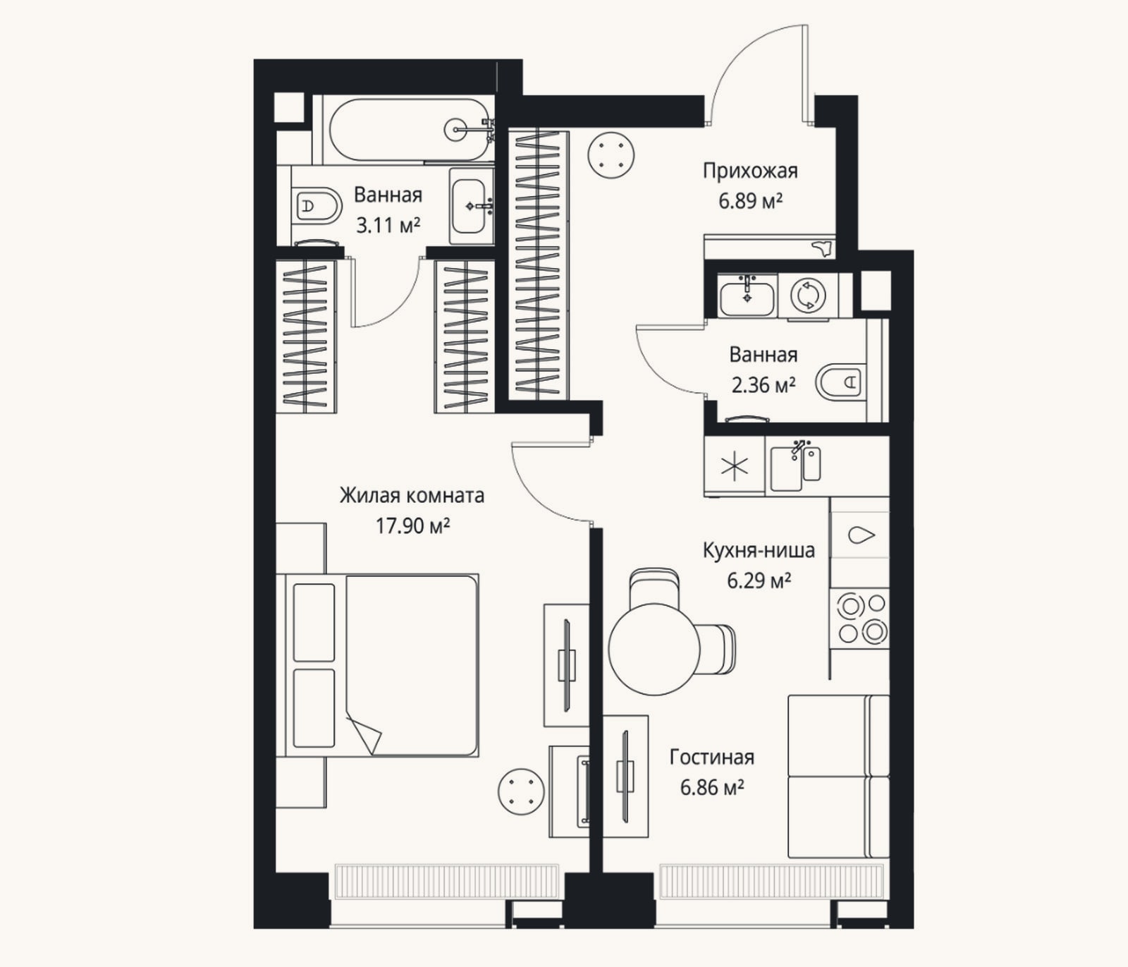 Планировка: 2-к, 43,4 м²