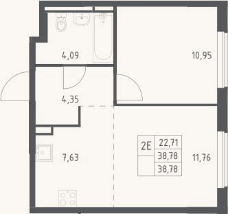 Планировка: 2-к, 38,8 м²